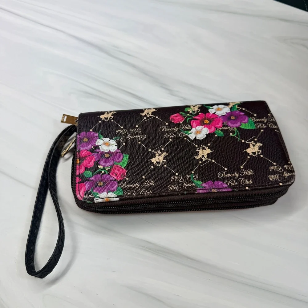 Beverly Hills Polo Club Floral Double Zip Wristlet Wallet Brown Multi BHPC